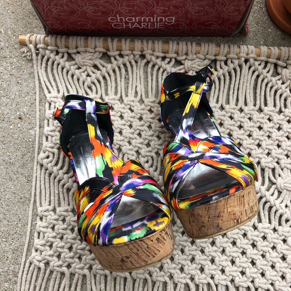 Charming Charlie Multi-Color Printed Cork Wedges - image 5